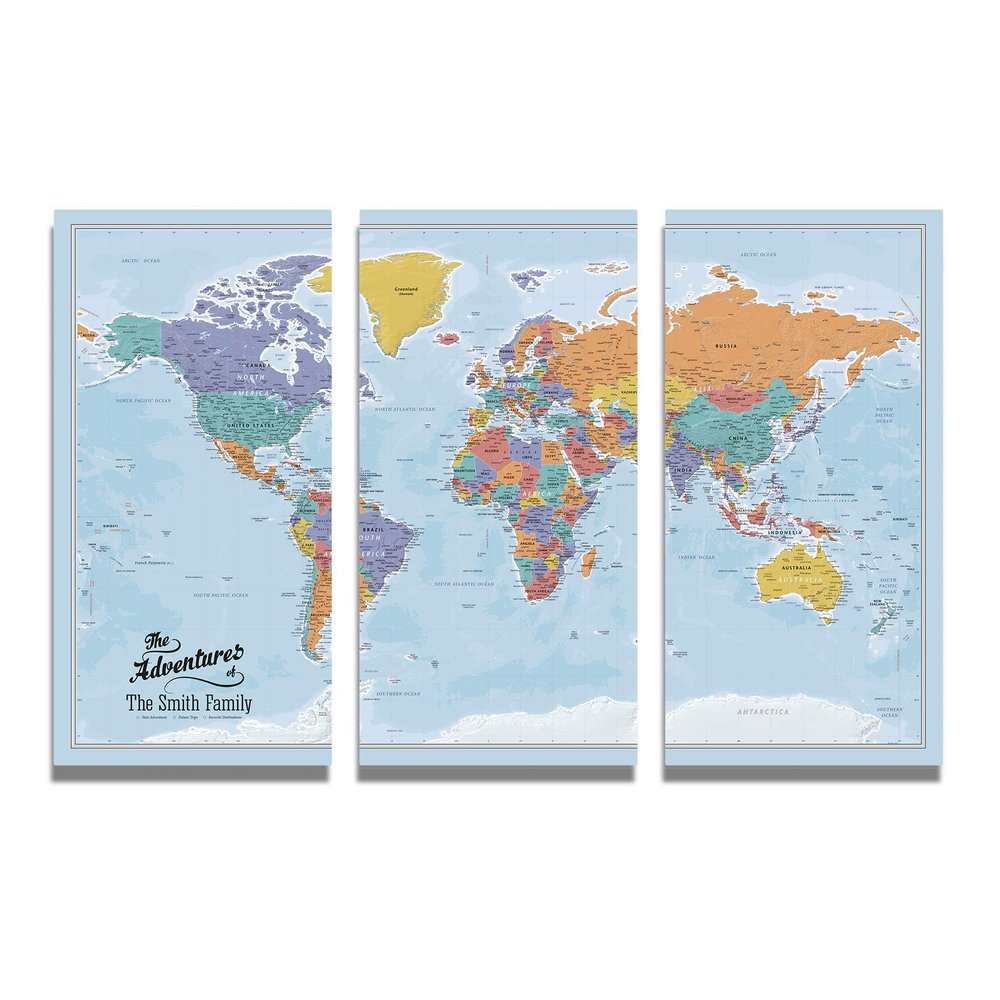 3 Panel - Personalized Canvas Blue Oceans Large Travel Map of the World