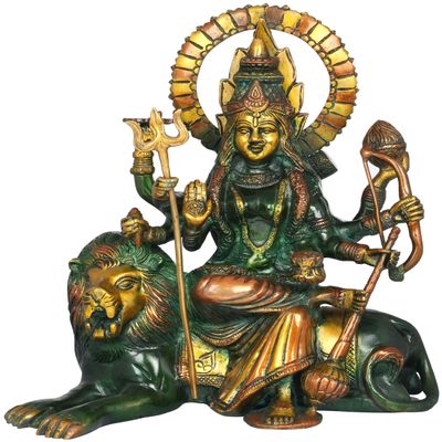 Exotic India Ashtabhuja Durga, Her Leonine Beauty - Brass Statue - Color Amazing Henna Touch Color