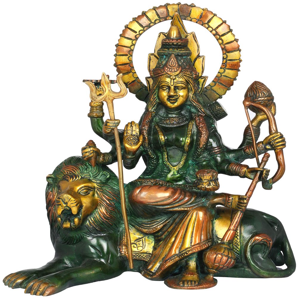 Exotic India Ashtabhuja Durga, Her Leonine Beauty - Brass Statue - Color Amazing Henna Touch Color