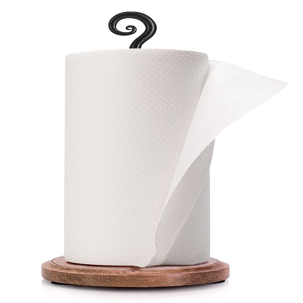 Decorative Wood and Iron Countertop Paper Towels Holder Standing Roll Dispenser Rack (Black) MD19005-B