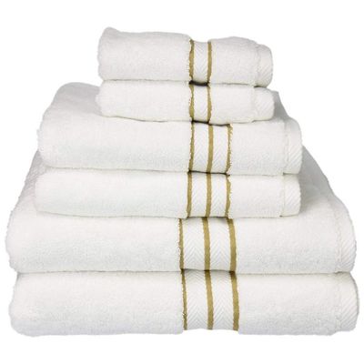6 Piece Luxurious Absorbent Plush Cozy Crisp Luxury Towels Set, Gorgeous Super Soft 900 GSM Premium Cotton Towels Set, Elegant 2 Ply Construct Striped Border Solid Color White Toast Yellow Towels Set