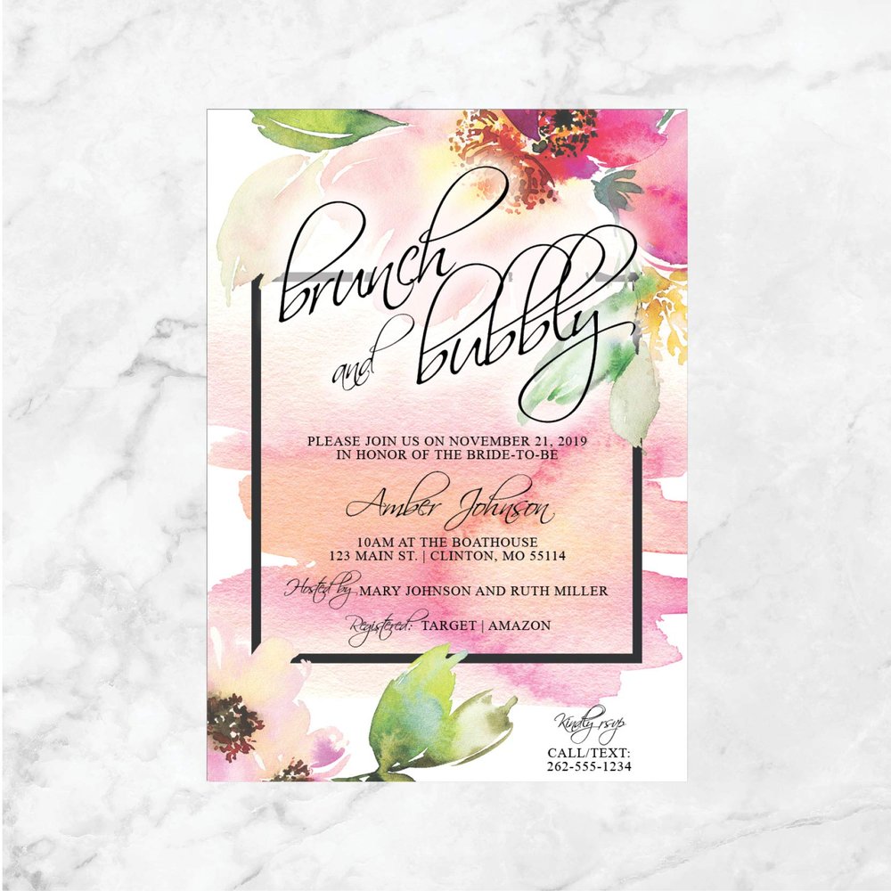 Brunch and Bubbly | Watercolor Floral Bridal Shower Invitations | Champagne Shower | Bridal Shower Invite | Bubbly & Brunch