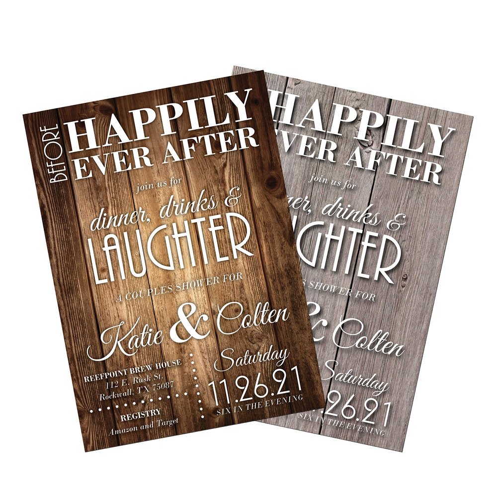 Couples Shower Invitations | Rustic Shower Invites | Wood | Before Happily Ever After | Dinner, Drinks and Laughter | Barn Wedding Theme