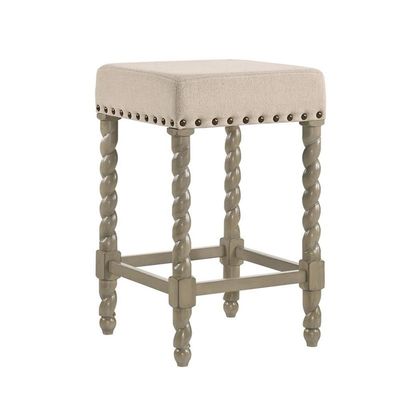 Carolina Chair & Table Remick 24" Counter Stool with Linen Upholstered Seat - Solid Wooden Frame, Twist Turned Legs with Antique Brass Nailhead Trim Accent Stool for Kitchens, Bars (Weathered Gray)