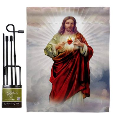 Sacred Heart of Jesus Garden Flag Set with Stand Religious Faith Hope Grace Peace Dove Christian Religion Easter Small Decorative Gift Yard House Banner Double-Sided Made In USA 13 X 18.5