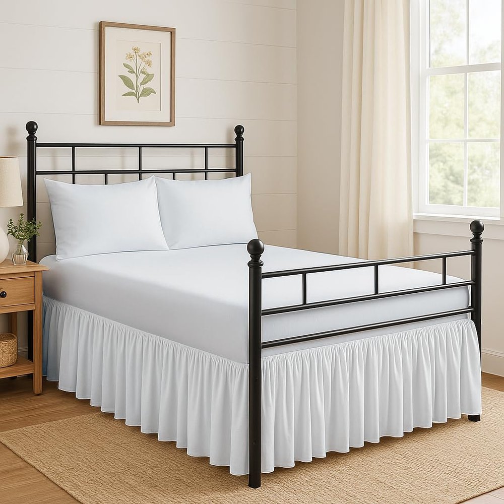 Ruffled Bed Skirt Split Corners with Platform, Tailored Fit Hotel Quality Wrinkle Free Ultra-Soft Microfiber Dust Ruffle, Upto 16 Inch Drop, Queen, White