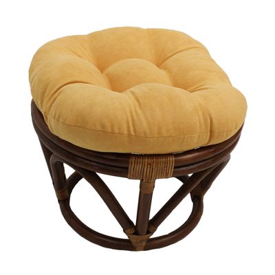 18 Inch Lemon Pale Yellow Papasan Foot Stool Coastal Rattan Ottoman Round Microsuede Bohemian Frame with Padded Cushion Tufted Thick Pad