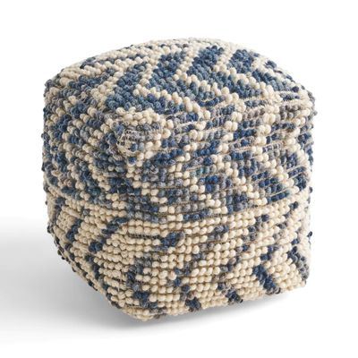 GDFStudio Boho Wool and Cotton LargePouf Ottoman Foot Stool - Bean Bag Floor Chair - Foot Rest Couch for Living Room Bedroom, White and Blue