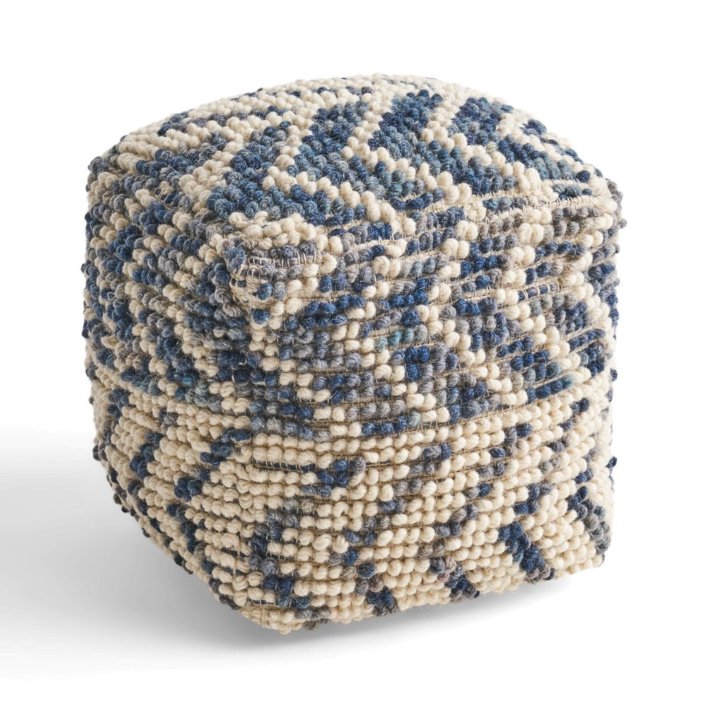 GDFStudio Boho Wool and Cotton LargePouf Ottoman Foot Stool - Bean Bag Floor Chair - Foot Rest Couch for Living Room Bedroom, White and Blue