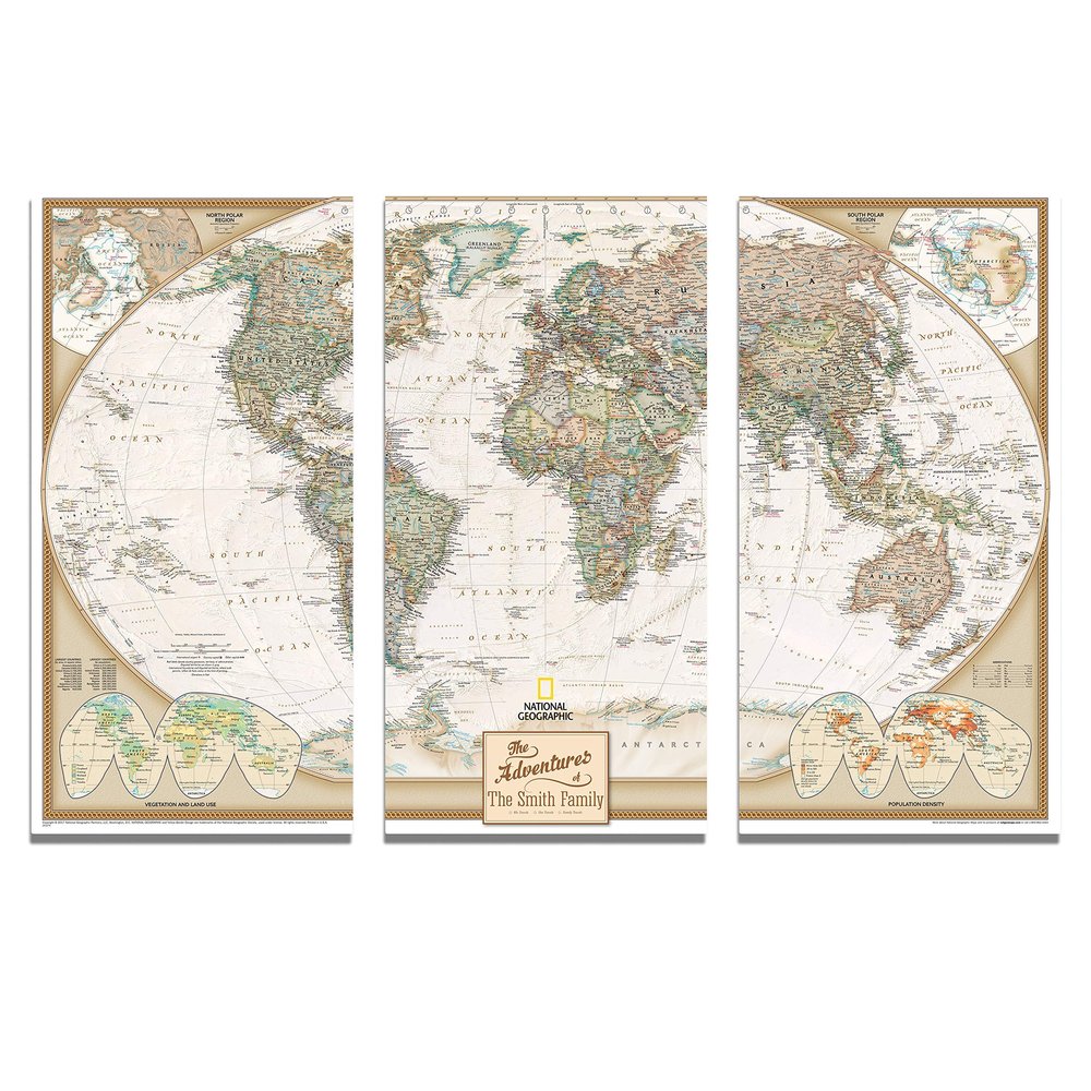 3 Panel - Personalized Canvas Executive World Travel Map with pins- Extra Large Wall Map