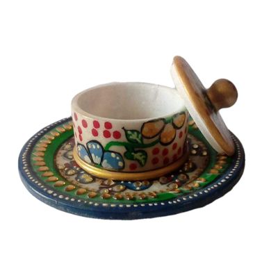 India Meets India Marble Meenakari Supari Daan with Round Tray Set Handicraft by Awarded Indian Artisan