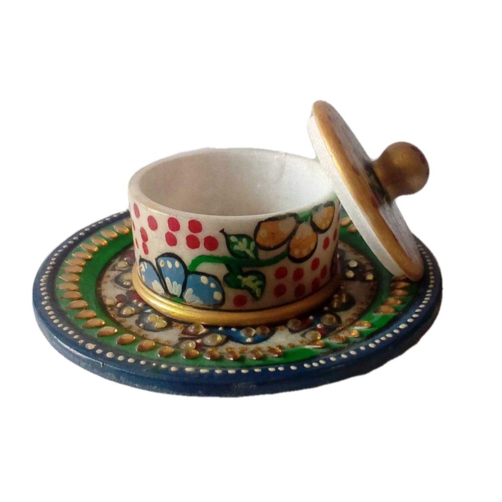 India Meets India Marble Meenakari Supari Daan with Round Tray Set Handicraft by Awarded Indian Artisan