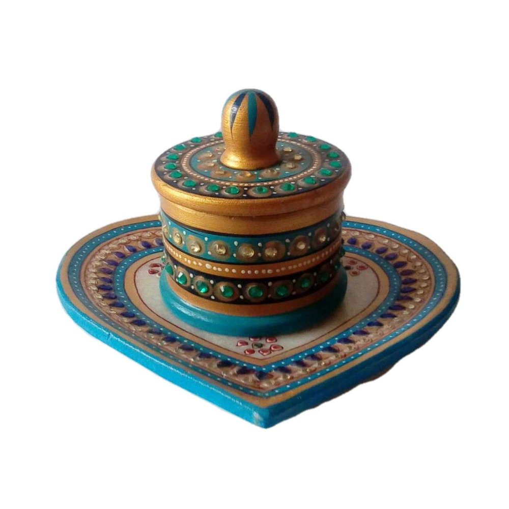 India Meets India Marble Meenakari Supari Daan with Heart Shape Tray Set Handicraft by Awarded Indian Artisan