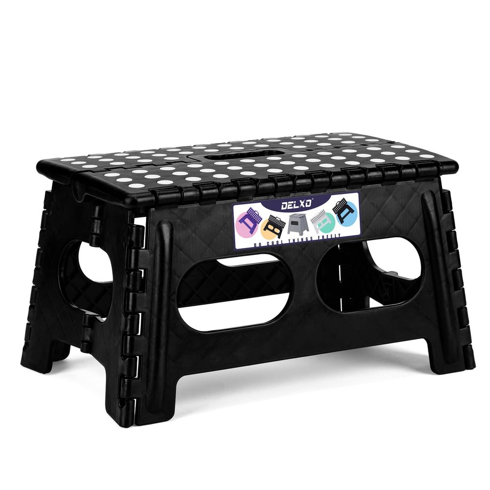 Delxo Folding Step Stool for Kids and Adults,15-Inch Extra Wide 9 Inch Height Heavy Duty Stepping Stool More Safe and Comfortable Non Slip Foldable Step Stool Black