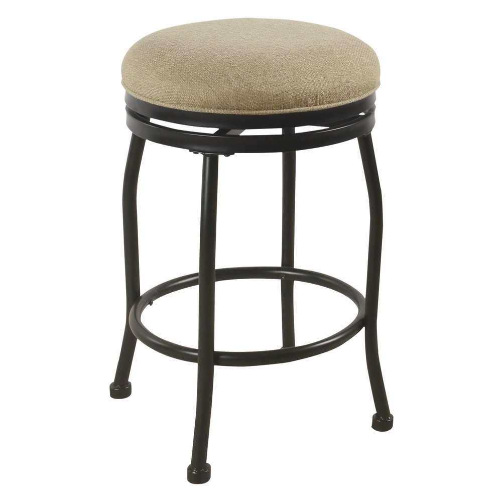 Benjara Metal Counter Stool with Swiveling Fabric Padded Seat, Beige and Black