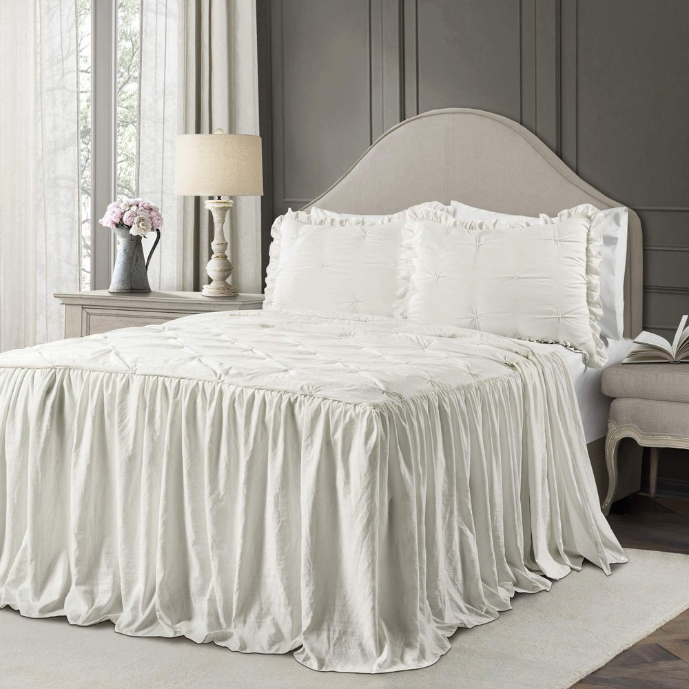 Lush Decor Ravello Pintuck Ruffle Skirt Bedspread Set - Luxe 3 Piece Ruffled Bedding Set - Traditional Glam & Farmhouse Inspired Bedroom Decor - King, White