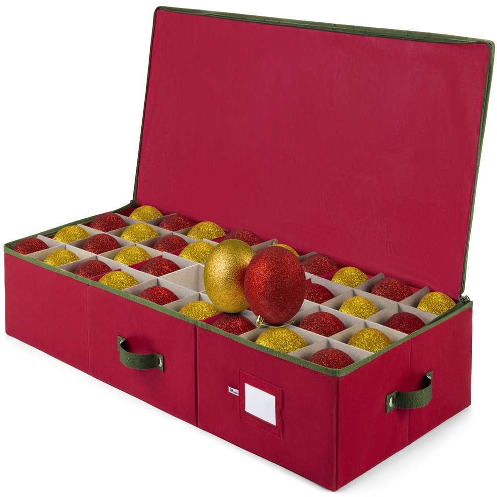 ZOBER Underbed Christmas Ornament Storage Box - Stores 72 Large 4" Ornaments, With Dividers - Tear Proof 600D Oxford Fabric, Ornament Organizer Storage Box, Durable Christmas Containers Holder - Red
