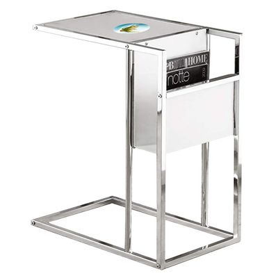End Table TV Tray with Magazine Holder White and Chrome Finish with a Glass Table Top Featuring Your Choice of an Animal Themed Vinyl Decal (Bass)