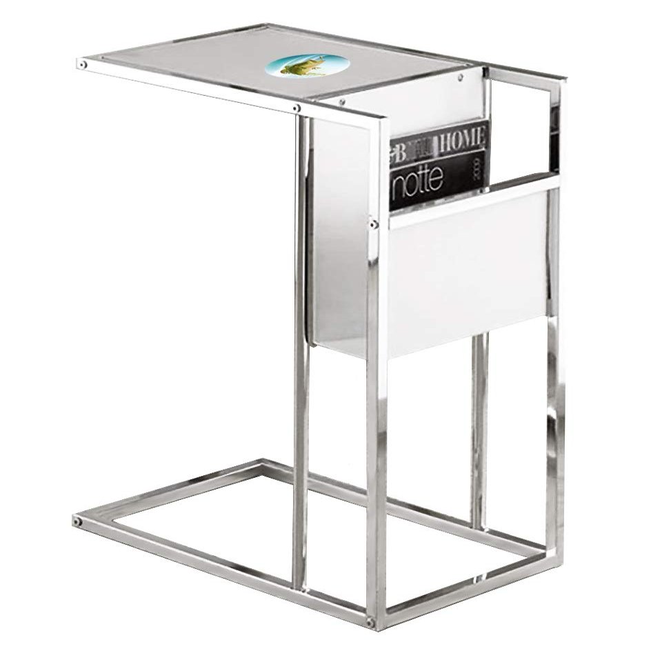 End Table TV Tray with Magazine Holder White and Chrome Finish with a Glass Table Top Featuring Your Choice of an Animal Themed Vinyl Decal (Bass)