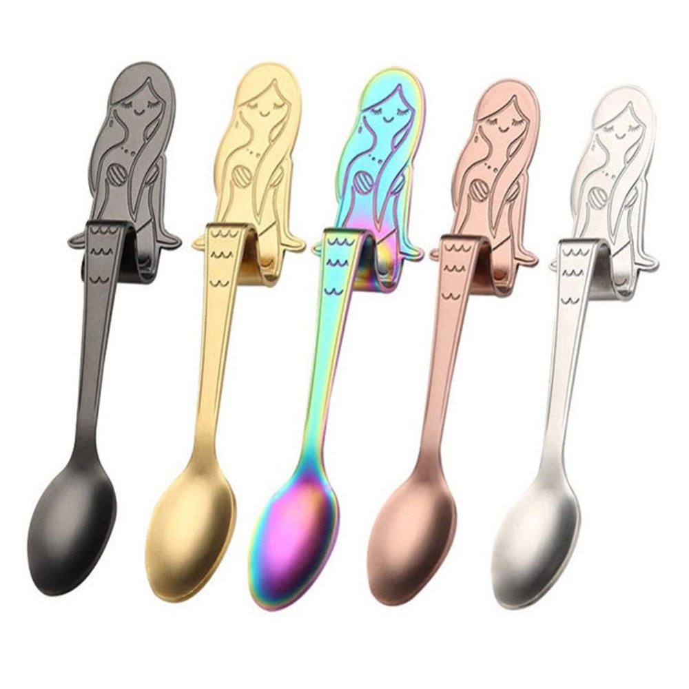 Tvoip 5Pcs Mermaid Coffee Spoon Curved Stainless Steel Condiment Spoon Kitchen Bar Cafe Tableware Party Favor Gift Scoop Cutlery