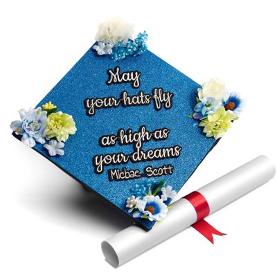 GRADWYSE Blue Glitter Graduation Cap Topper with Flowers, Class of 2025 Graduation Cap Decorations, May Your Hats Fly As High As Your Dreams