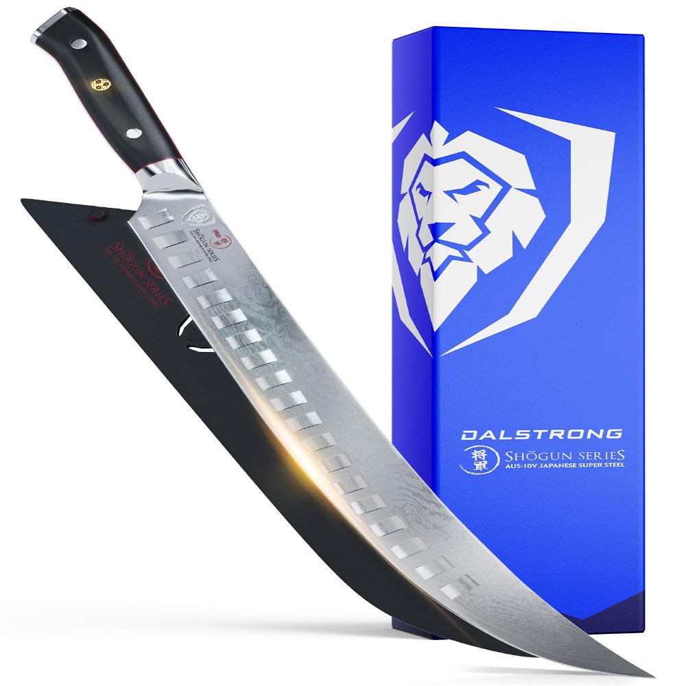 DALSTRONG Butcher Knife - 12.5 inch Slicer - Shogun Series ELITE - Japanese AUS-10V Super Steel - Black G10 Handle - Vacuum Treated Cimitar Meat Breaking Knife Gift - Sheath Included