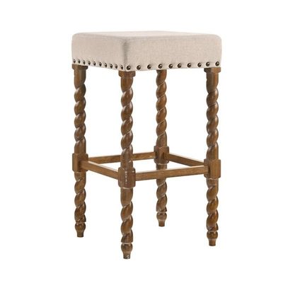 Carolina Chair & Table Remick 30" Bar Stool with Linen Upholstered Seat - Solid Wooden Frame, Twist Turned Legs with Antique Brass Nailhead Trim Accent Stool for Kitchens, Bars (Natural Oak)
