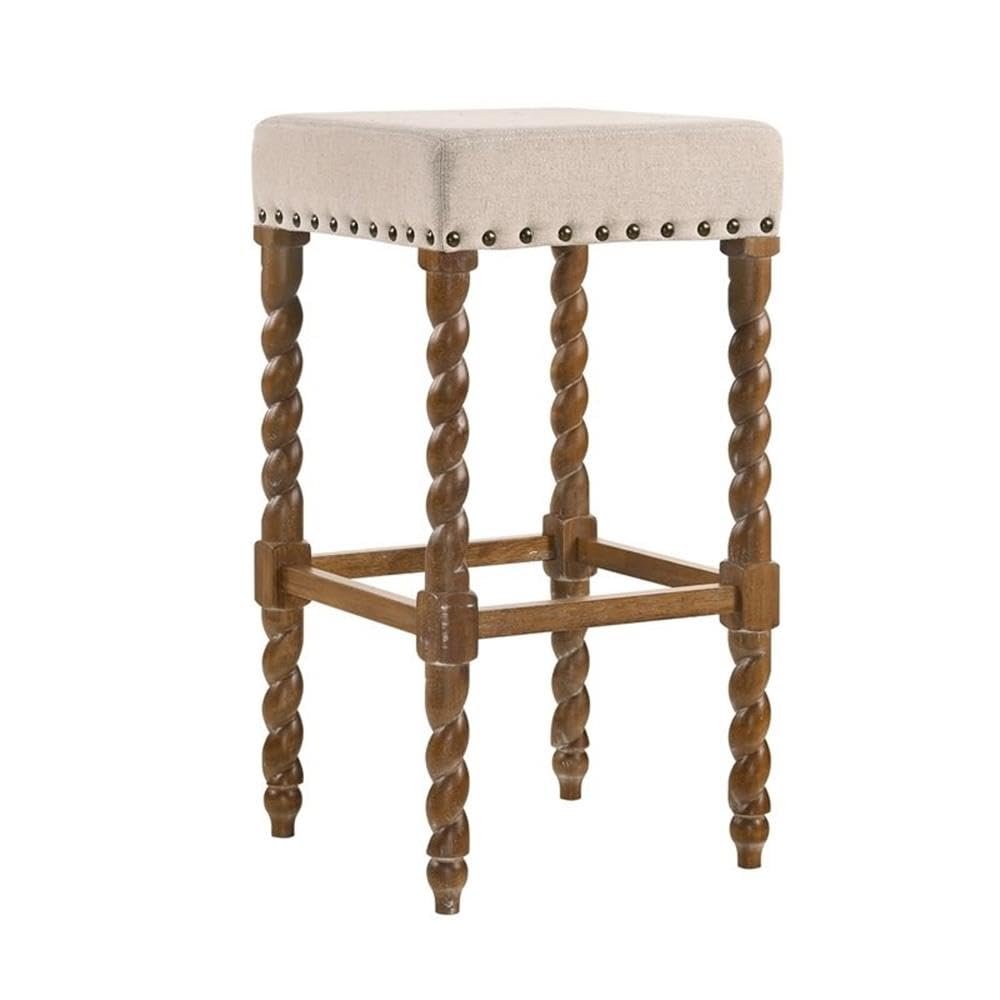 Carolina Chair & Table Remick 30" Bar Stool with Linen Upholstered Seat - Solid Wooden Frame, Twist Turned Legs with Antique Brass Nailhead Trim Accent Stool for Kitchens, Bars (Natural Oak)