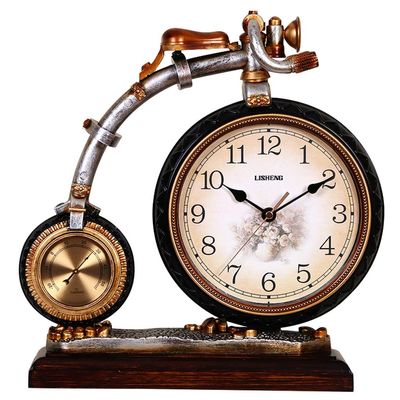 CLOCKZHJI Desk Clock European Resin Bicycle with Thermometer Clock | Living Room Bedroom Silent Vintage Quartz Desktop Clock