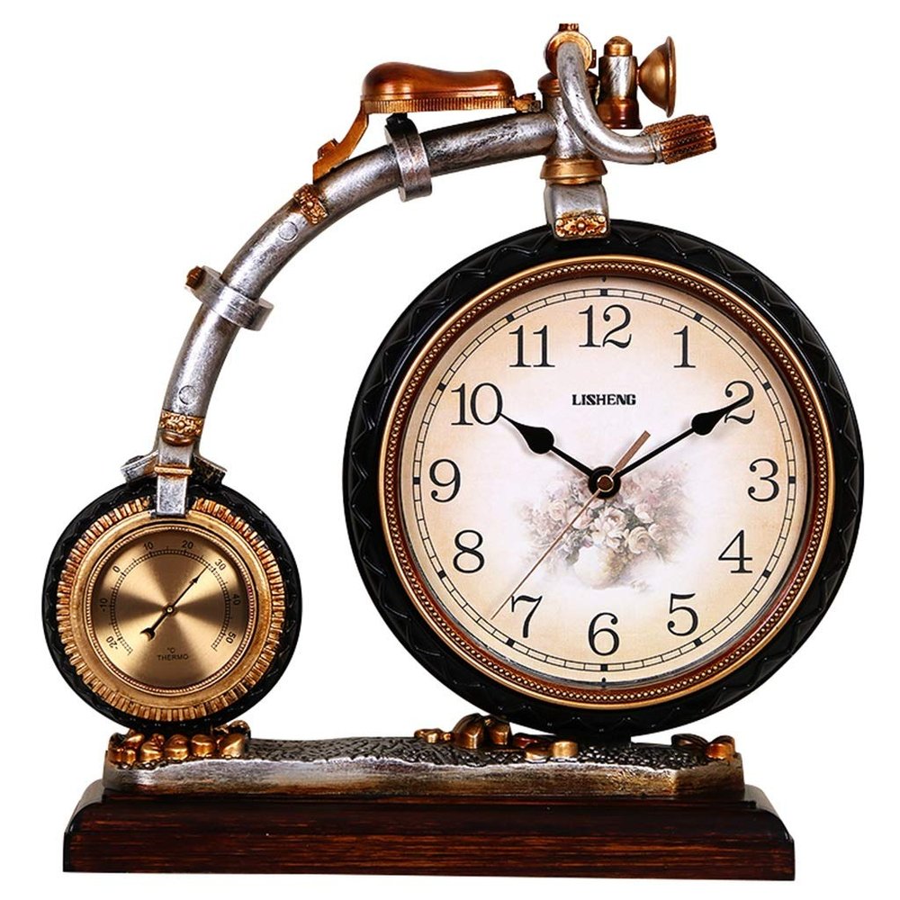 CLOCKZHJI Desk Clock European Resin Bicycle with Thermometer Clock | Living Room Bedroom Silent Vintage Quartz Desktop Clock