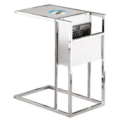 End Table TV Tray with Magazine Holder White and Chrome Finish with a Glass Table Top Featuring Your Choice of an Animal Themed Vinyl Decal (Trout)