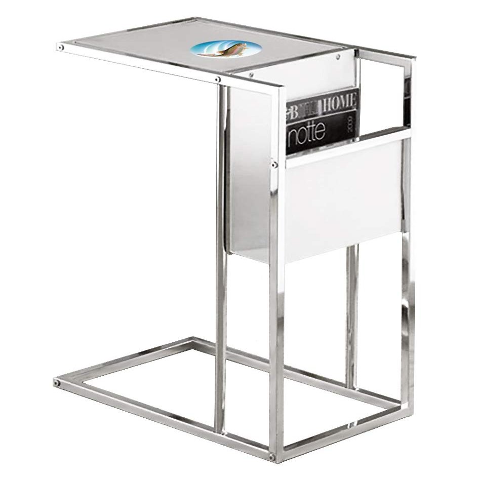 End Table TV Tray with Magazine Holder White and Chrome Finish with a Glass Table Top Featuring Your Choice of an Animal Themed Vinyl Decal (Trout)