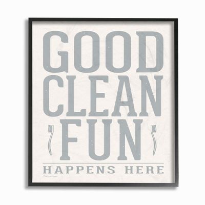 The Stupell Home Decor Grey and White Distressed Good Clean Fun Typography with Toothbrushes Framed Giclee Texturized Art, Multi-Color