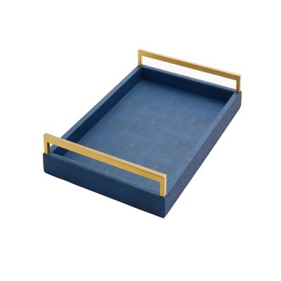 Navy Blue Ottoman Shagreen Leather Coffee Table Tray - Decorative Large Serving Tray With Gold Handles for Dining, Bar, Party, Kitchen Island, Bathroom Vanity