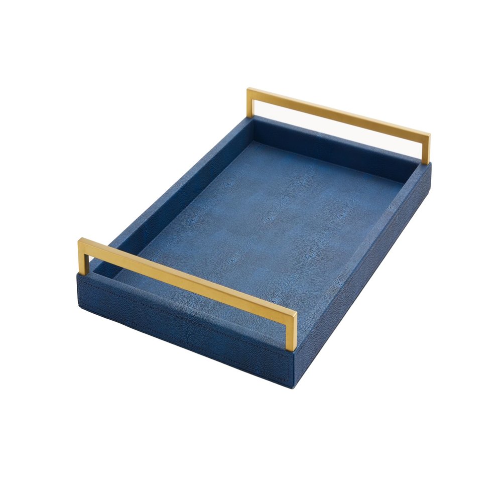 Navy Blue Ottoman Shagreen Leather Coffee Table Tray - Decorative Large Serving Tray With Gold Handles for Dining, Bar, Party, Kitchen Island, Bathroom Vanity