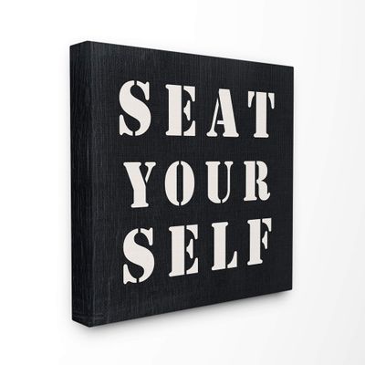 Stupell Industries Black and White Textured Seat Yourself Stencil Typography Look Canvas Wall Art, 17 x 17, Multi-Color