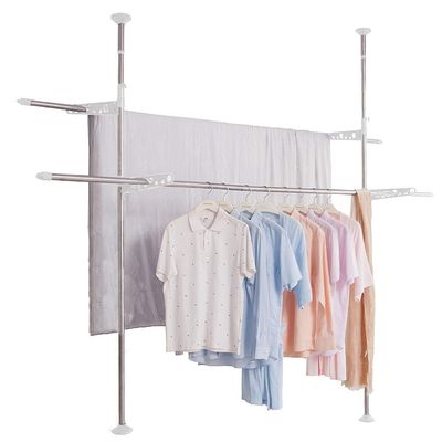 BAOYOUNI Telescopic Garment Rack Laundry Clothes Drying Rack Double Spring Tension Pole Storage Organizer DIY Standing Adjustable Pants Hanger Rod Rail Height from 49.21'' to 82.67'' - Ivory