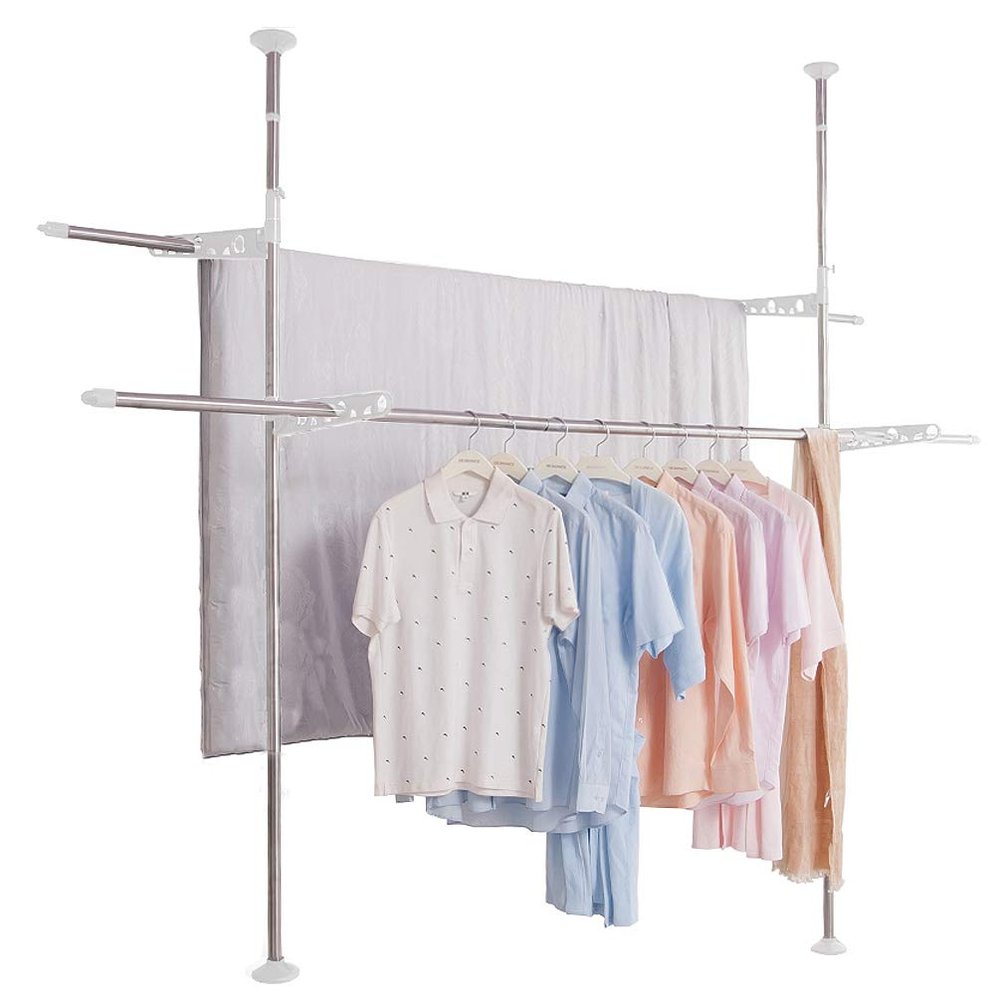 BAOYOUNI Telescopic Garment Rack Laundry Clothes Drying Rack Double Spring Tension Pole Storage Organizer DIY Standing Adjustable Pants Hanger Rod Rail Height from 49.21'' to 82.67'' - Ivory