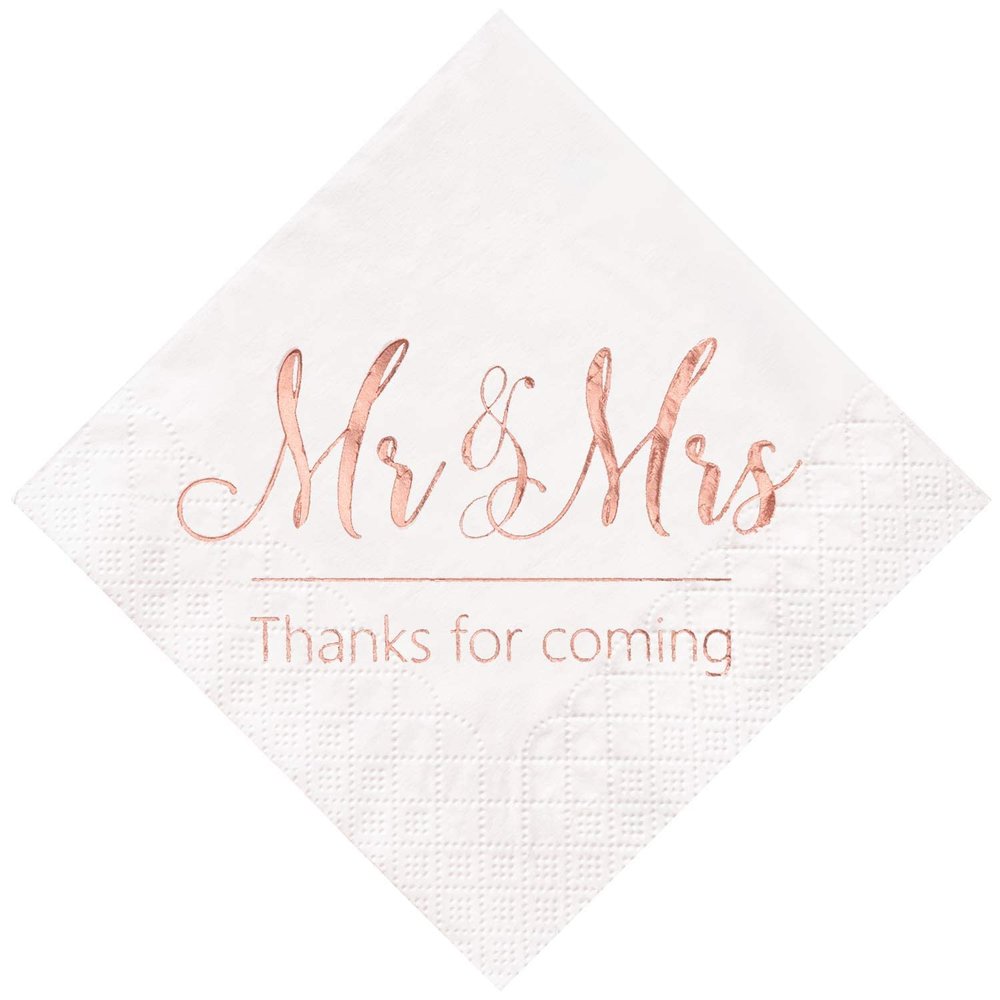 Crisky Wedding Napkins Mr Mrs Rose Gold Cocktail Beverage Dessert Napkins for Wedding Tabel Decoration Engagement Party Supplies, 100 Pcs, 3-Ply