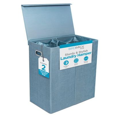 BIRDROCK HOME Laundry Hamper with Lid | Removable Bags for Sorting Clothes | Sectioned Laundry Basket for Bedroom & Bathroom | Collapsible Storage Bin with Cover | Double, Light Blue
