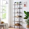 HOMBAZAAR Industrial Pipe Bookshelf,6 Tier Pipe Shelving,Wall Mounted Ladder Shelves with Metal Frame for Home Office,Living Room,Oak Brown view 4