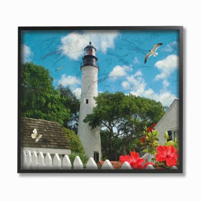 Stupell Industries Key West Light House with Picket Fence Butterfly and Seagull Black Framed Wall Art, 11 x 14, Multi-Color