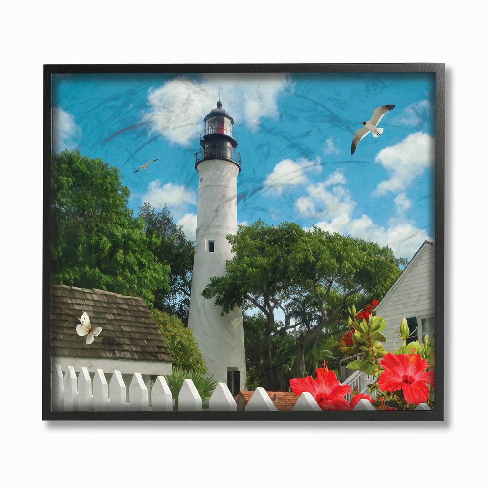 Stupell Industries Key West Light House with Picket Fence Butterfly and Seagull Black Framed Wall Art, 11 x 14, Multi-Color