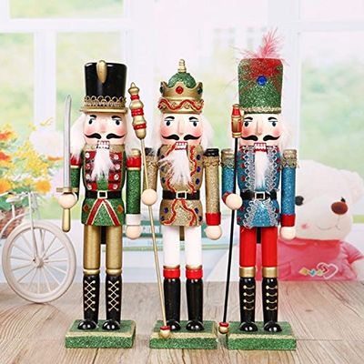 ZAMTAC New 3pcs 1Set 30Cm High Christmas Holiday Nutcracker Hat Style Vintage German Wooden Table Walnut Toy Zakka Dolls