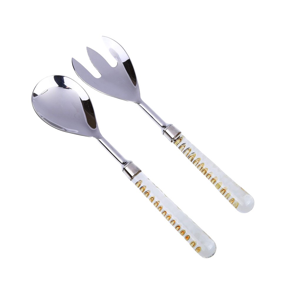 Classic Touch Decor Set of 2 Stainless Steel Salad Servers with Glass Handle