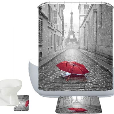 Amagical Paris Eiffel Tower Under Red Umbrella Decor 3 Piece Bathroom Mat Set Shower Curtain Set Non Slip Bath Mat Contour Mat Waterproof Shower Curtain with 12 Hooks