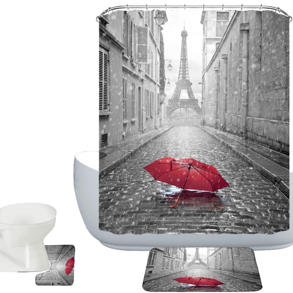 Amagical Paris Eiffel Tower Under Red Umbrella Decor 3 Piece Bathroom Mat Set Shower Curtain Set Non Slip Bath Mat Contour Mat Waterproof Shower Curtain with 12 Hooks