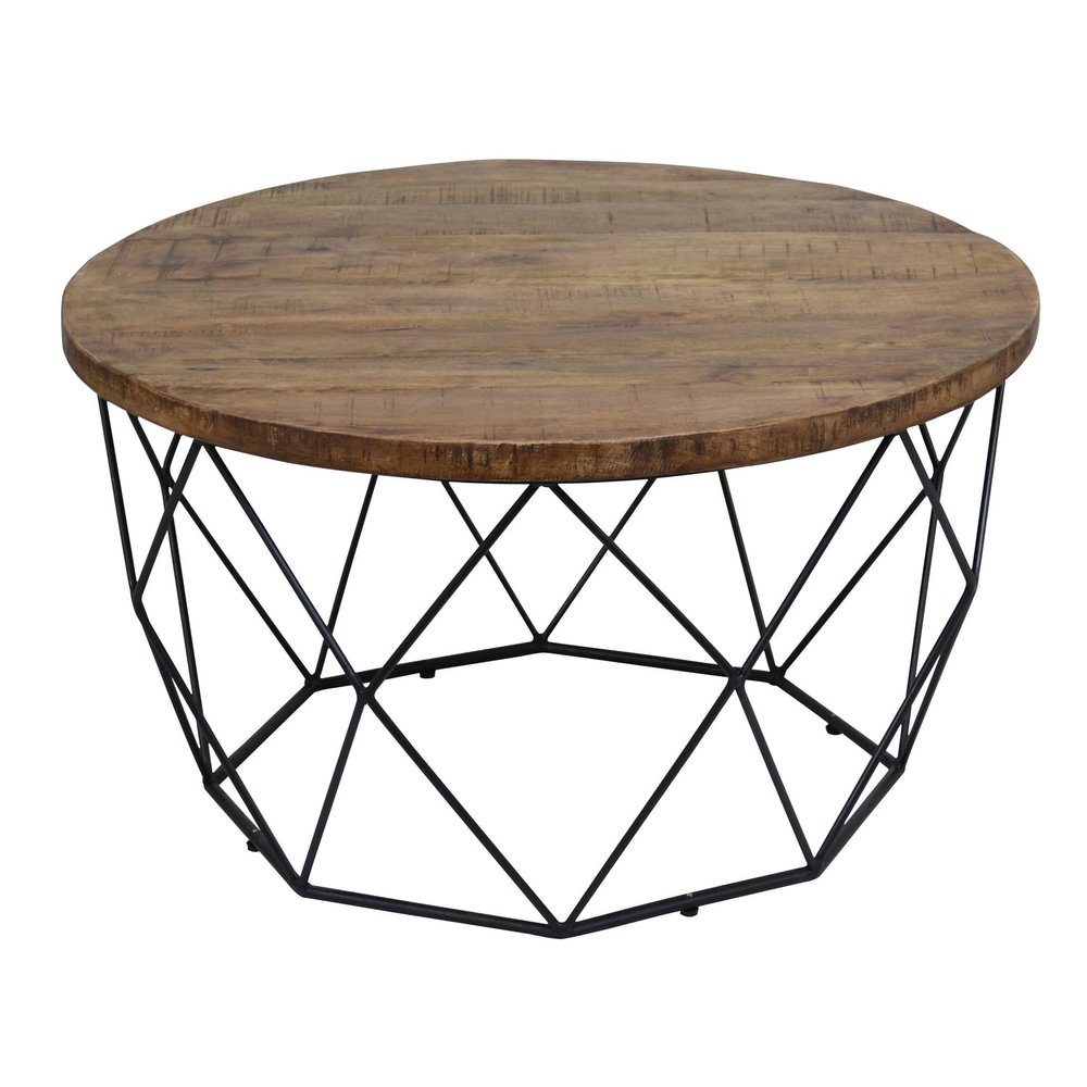 Benjara, Brown and Black Mango Wood Round Coffee Table with Geometric Design Open Iron Base