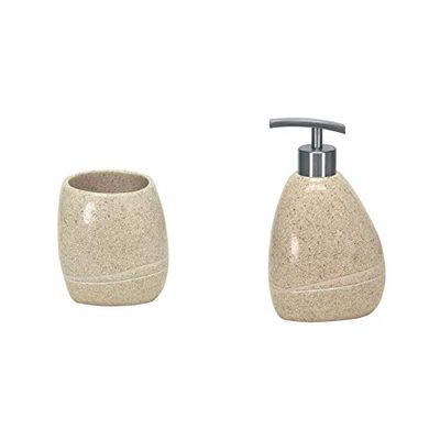Kleine Wolke Bathroom Accessories Set - 2 Pieces - Stones Bathroom Tumbler and Soap Dispenser - Durable Polyresin - The Look and Weight of Smooth Polished Granite - Sand Beige.