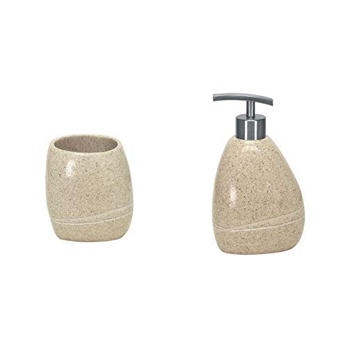 Kleine Wolke Bathroom Accessories Set - 2 Pieces - Stones Bathroom Tumbler and Soap Dispenser - Durable Polyresin - The Look and Weight of Smooth Polished Granite - Sand Beige.